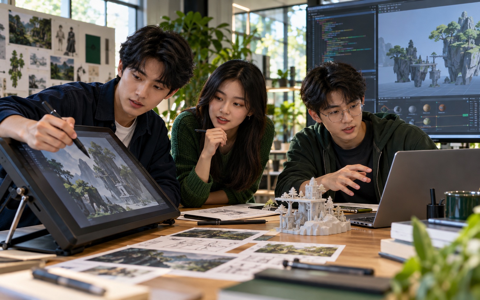 Students building shared foundations in visual storytelling, coding and 3D production