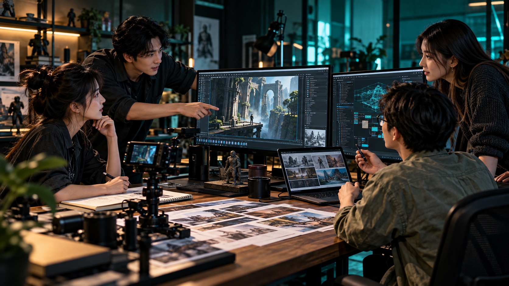 Students combining 3D production, AI workflows, story planning and team review