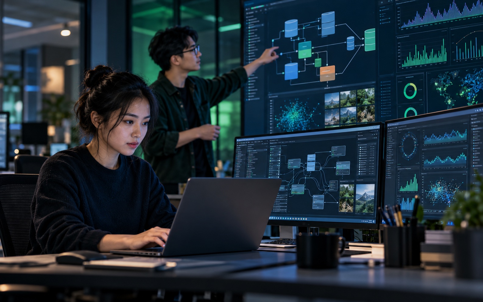 Asian AI developers building and monitoring a creative-production AI system