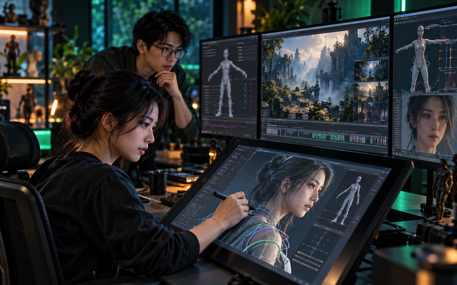 Asian 3D animators developing a character and cinematic environment