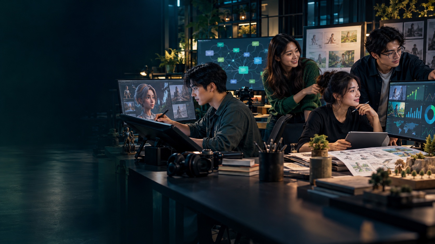 Four Asian creative-technology students working across animation, AI, education and communications in a professional studio