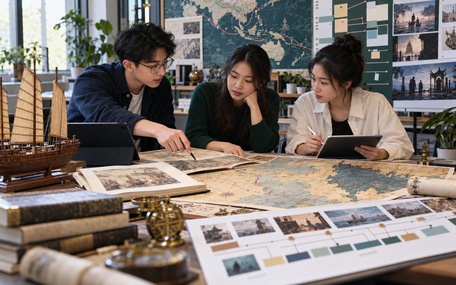 Students researching Zheng He routes and planning their capstone production