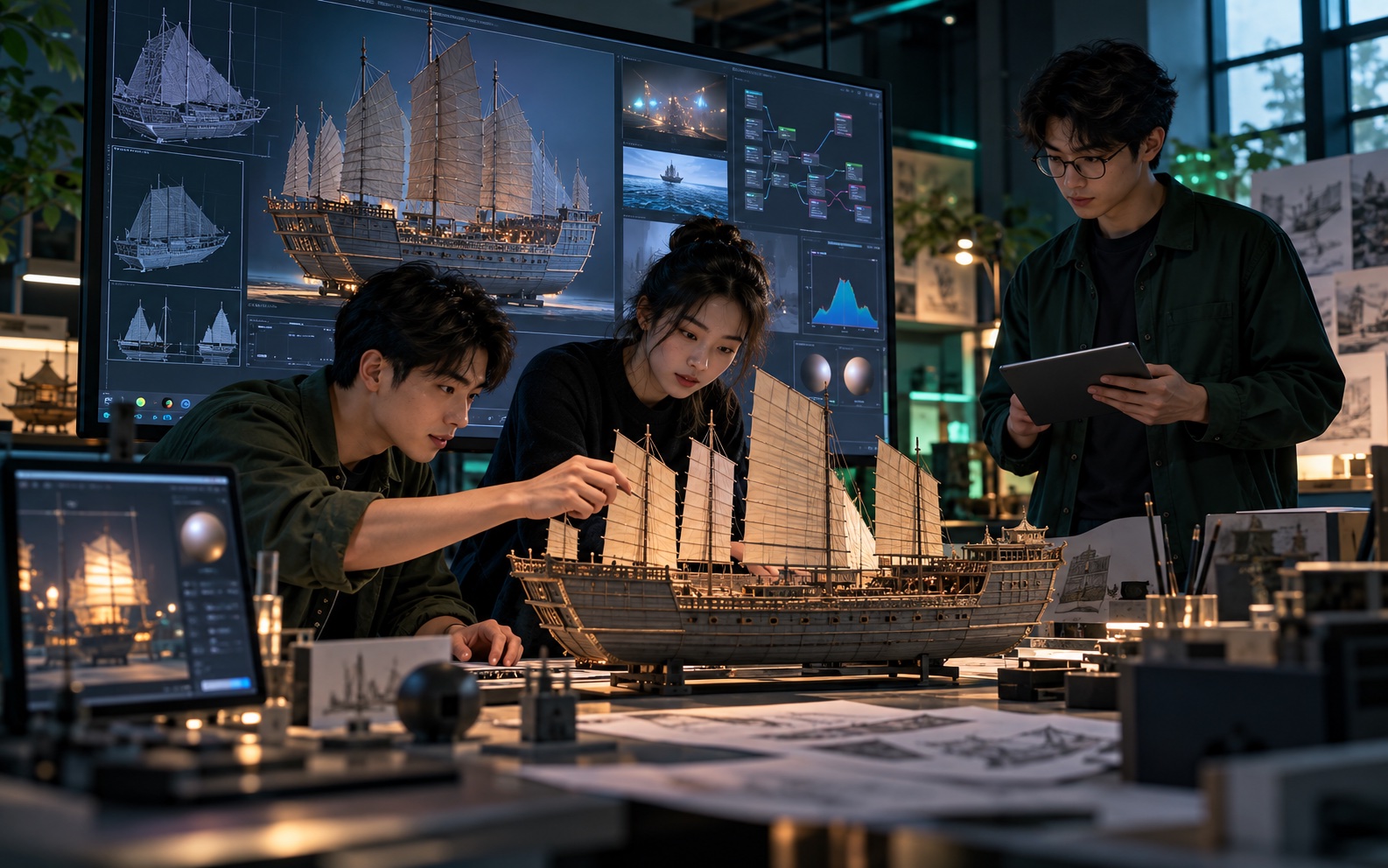 Students validating a digital Zheng He ship prototype in a production lab