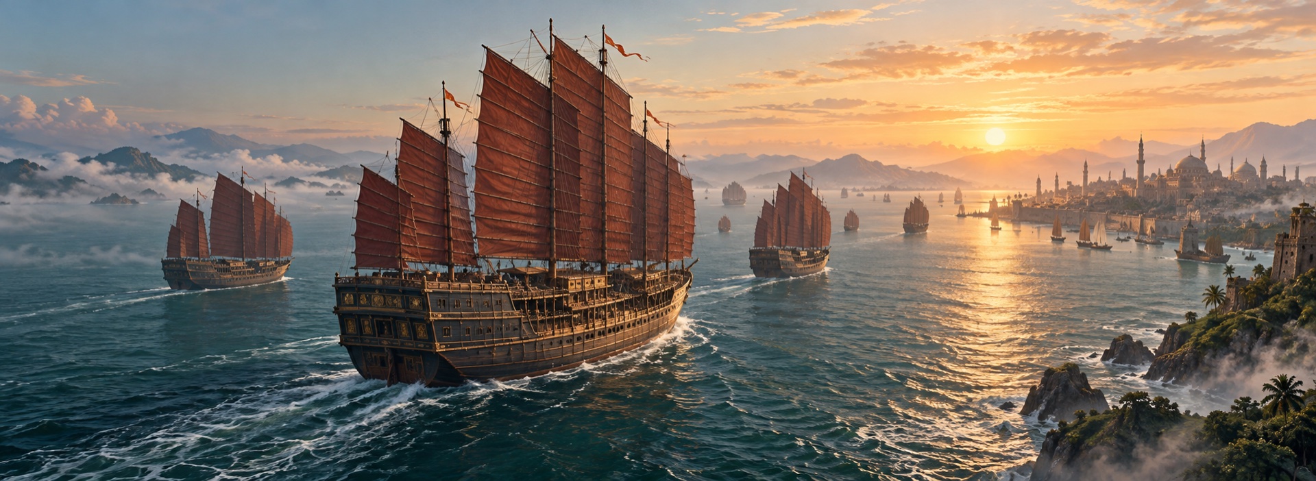 AI-generated illustrative concept of a Ming treasure fleet approaching a historic port at dawn