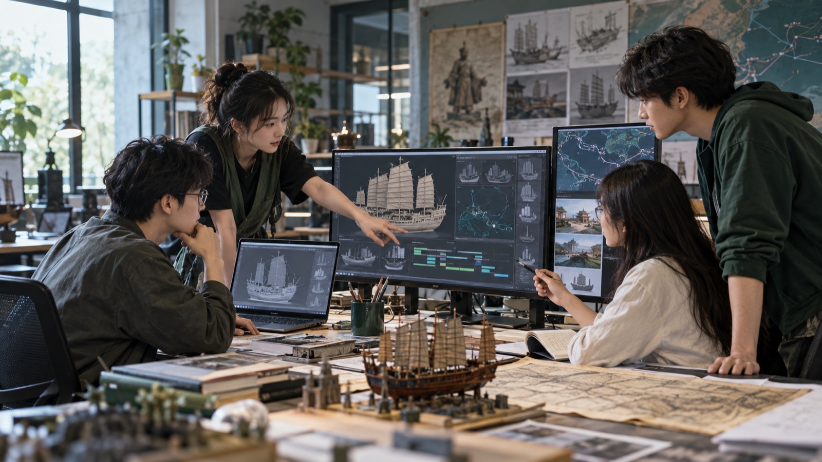 AI-generated illustrative concept of four students collaborating on a Zheng He digital production
