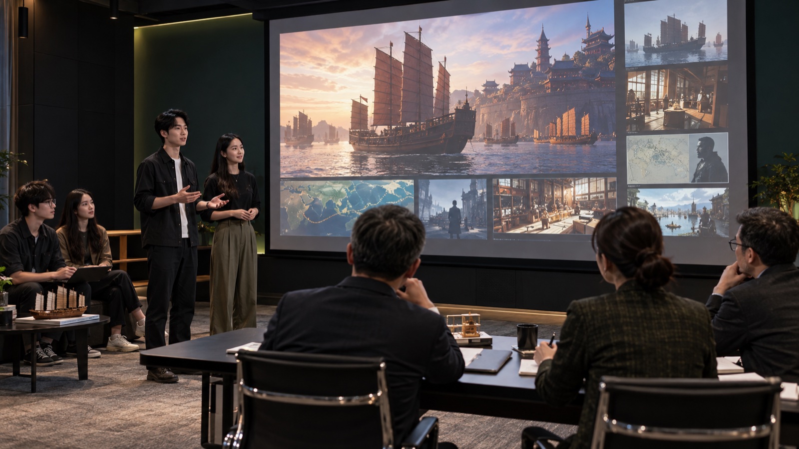 AI-generated illustrative concept of students presenting a Zheng He capstone to a review panel